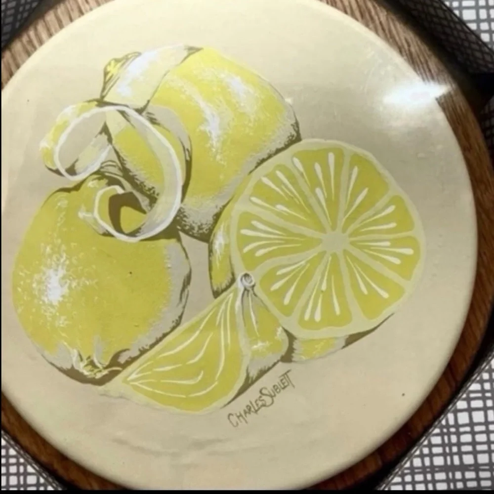 Vintage Hand Painted Oak Wood Trivets Fruit Motif Pear Lemon Set of 2